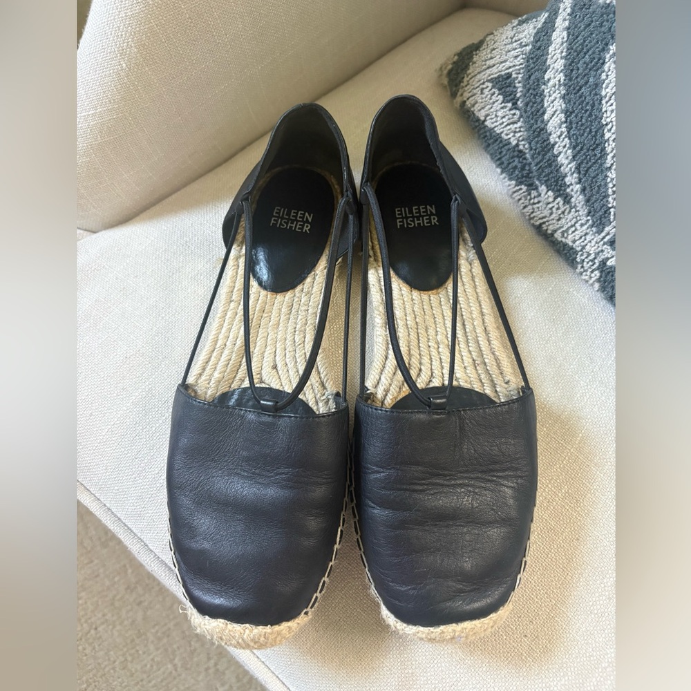 Eileen Fisher Black Leather Espadrille Flats
